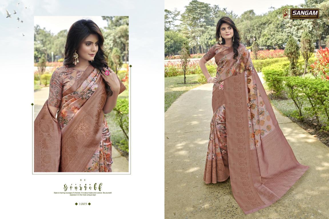 Sangam Elegance Latest Fancy Designer Festive Wear Heavy Pure Linen  Silk Digital Printed Sarees Collection 